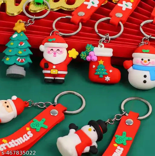 (3 Pcs) Merry Christmas Theme Cute Multicolor Mixed Design Rubber Keychain Set for Kids